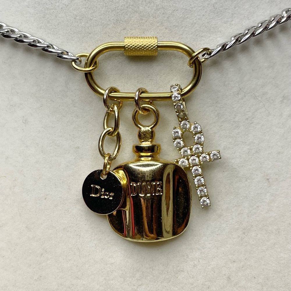 Upcycled Gold Carabiner Charms Mixed Metal Cuban Link Necklace - Picture 2 of 4